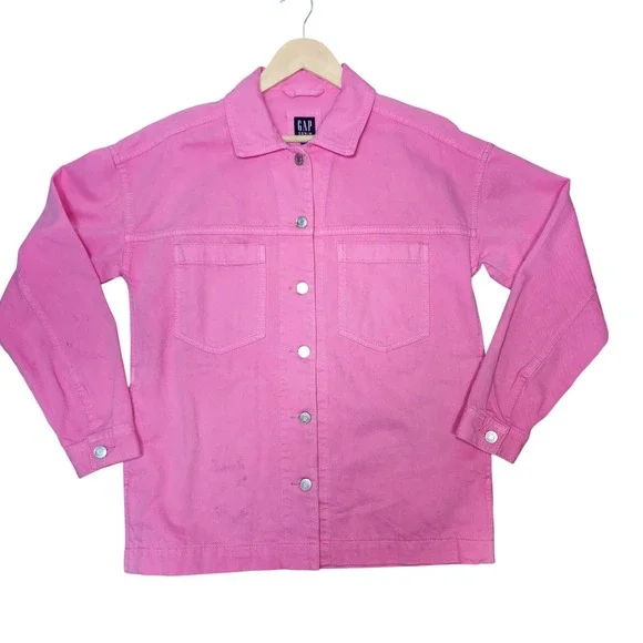 Y2K GAP Denim Jacket Pink Utility Button Oversized Trucker Cargo Streetwear XS - Picture 2 of 15